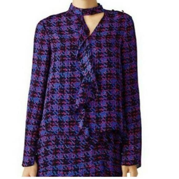 Derek Lam 10 Crosby Silk Houndstooth Ruffle Top Size 4 Purple Black - Picture 1 of 9